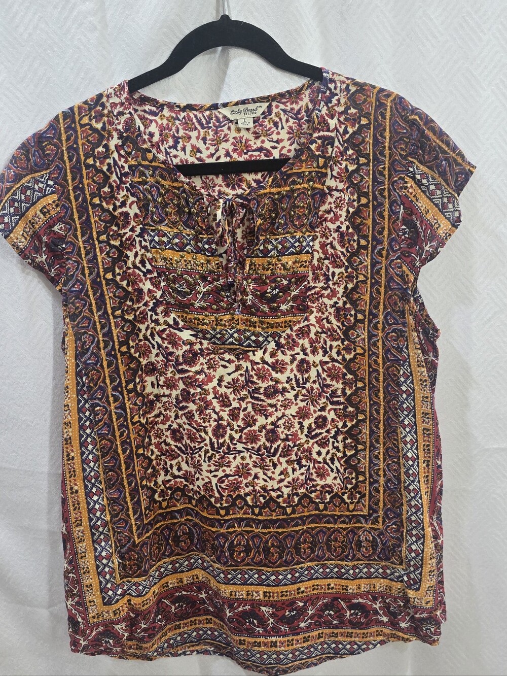 Lucky Brand Multicolor Floral Border Tie-Neck Blouse